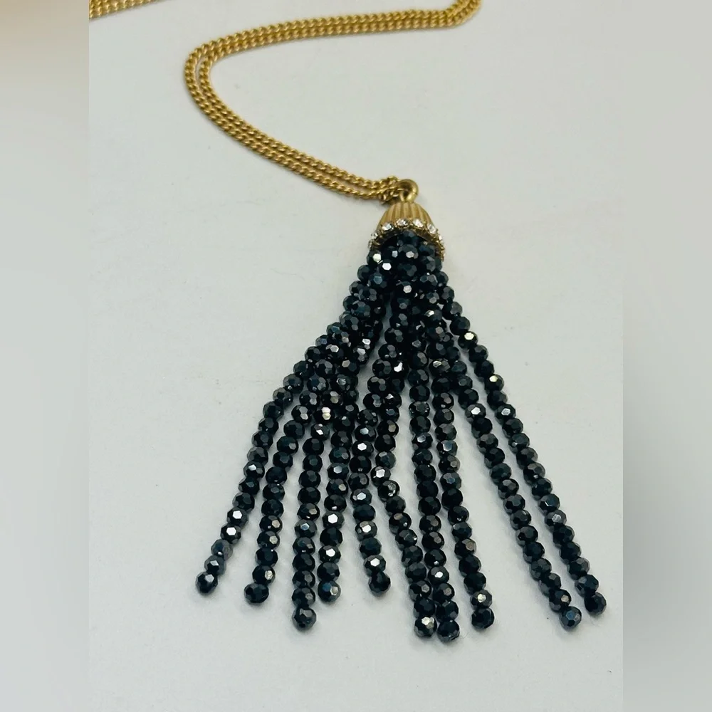 J Crew Gold Tone Black Tassel Necklace Long Chain Rhinestone